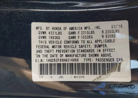 2017 Honda Accord Ex-L from USA, damaged, VIN 1HGCR2F89HA014899